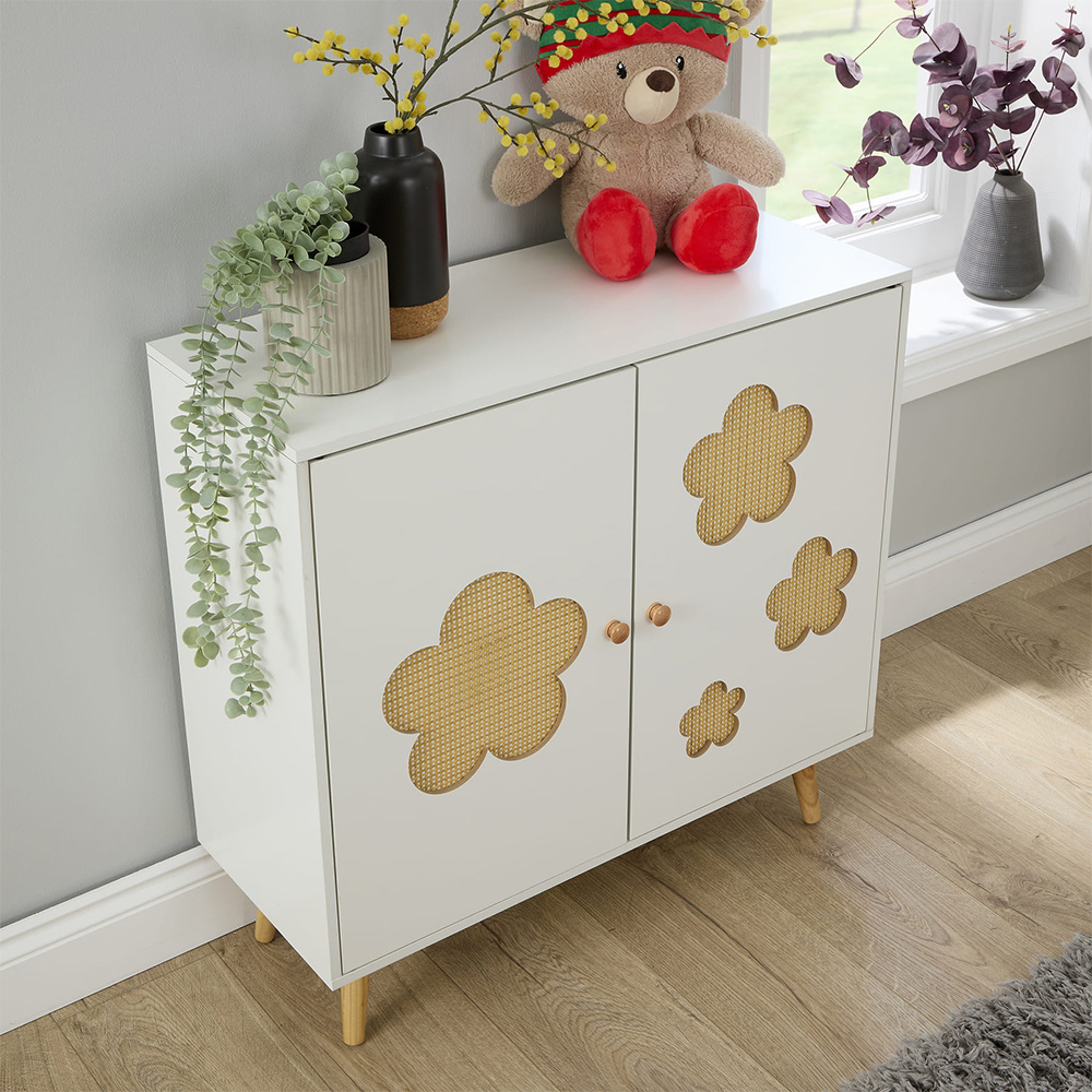 Home Source Daisy 2 Door White Cut Out Rattan Insert Kids Storage Cabinet Image 3