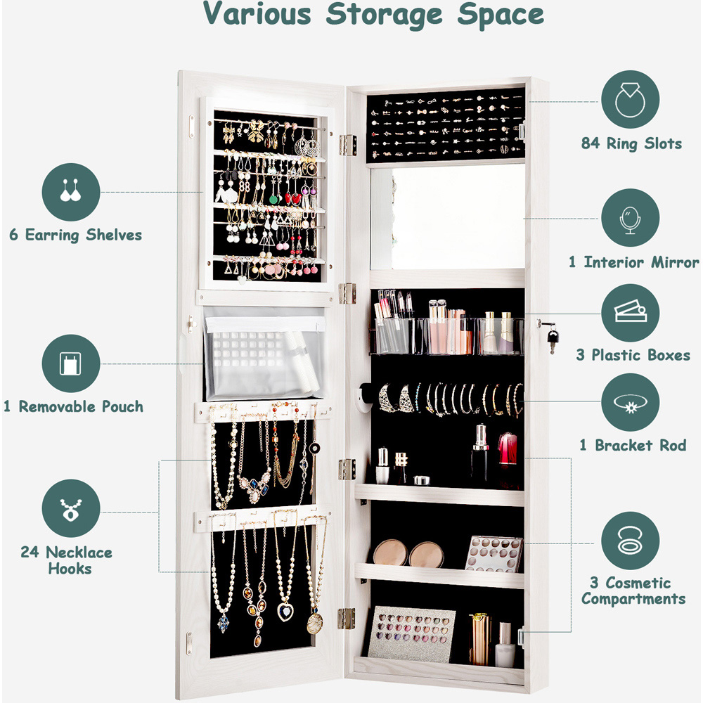 Costway Single Door White LED Mirror Wall Mounted Hanging Jewellery Cabinet Image 6