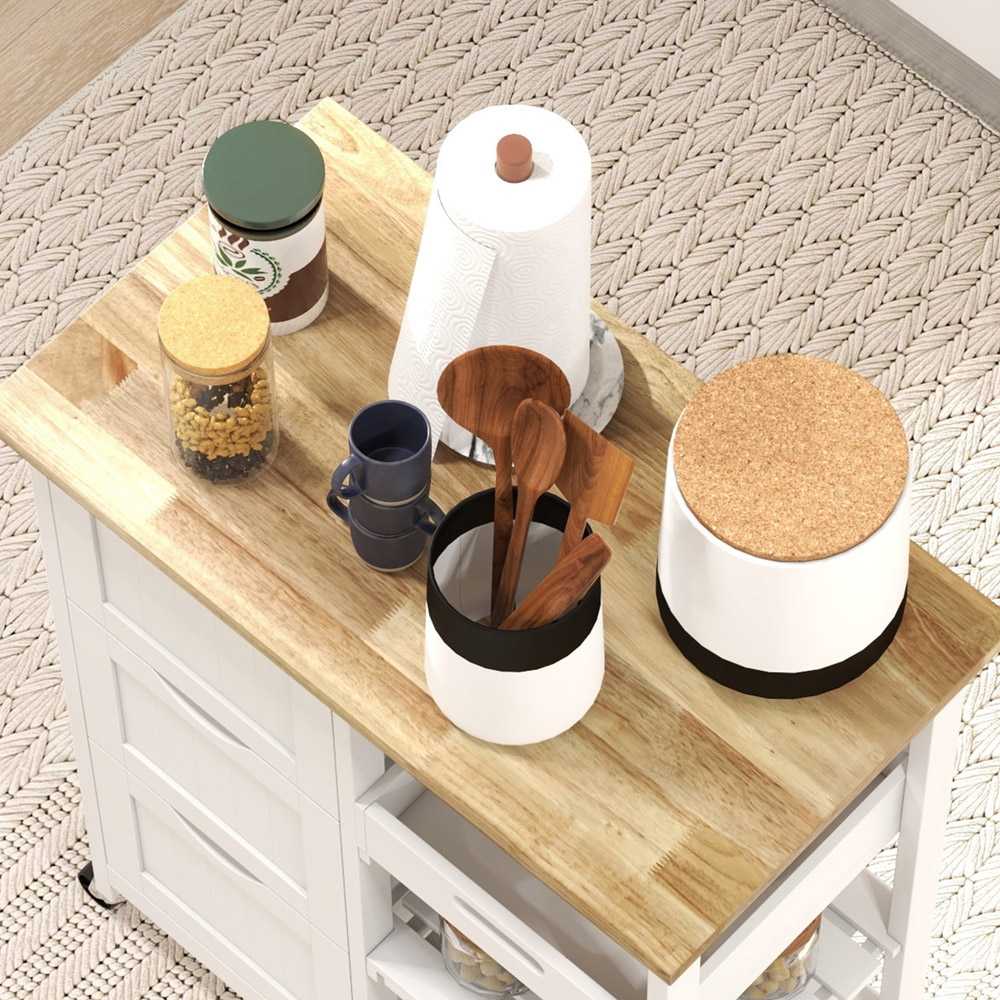 HOMCOM 3 Drawer 3 Shelf White Rolling Kitchen Island Cart Image 4