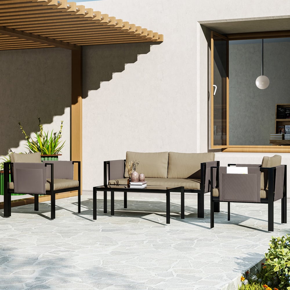 Outsunny 4 Seater Khaki Garden Sofa Set with Tempered Glass Coffee Table Image 1