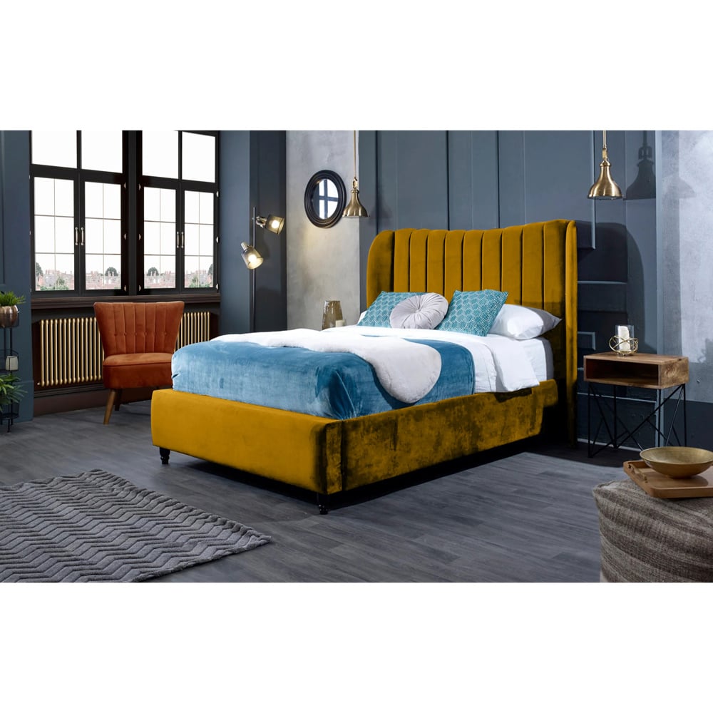 Eleganza Home Carli Super King Size Mustard Plush Velvet Bed Frame with Lined Headboard Image 5