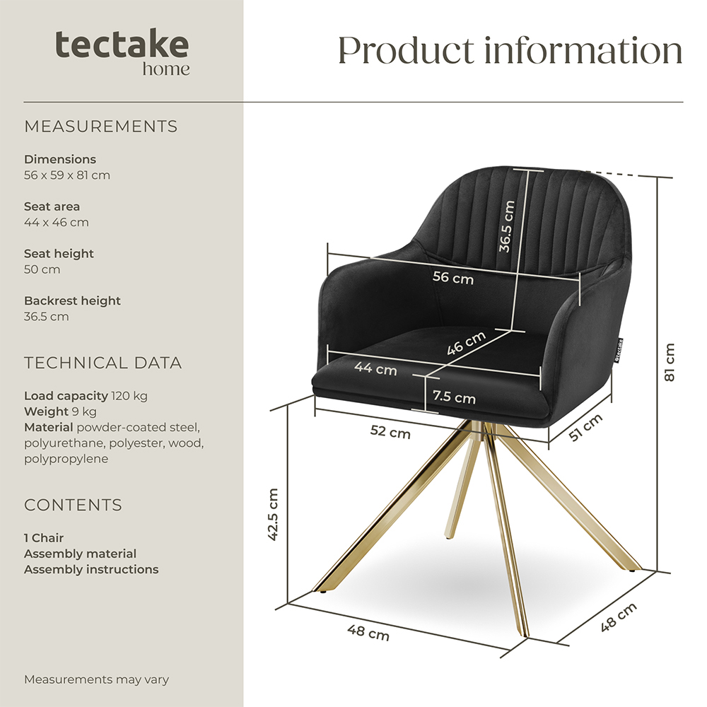 tectake Black Gold Velvet Fabric Swivel Armchair Image 9