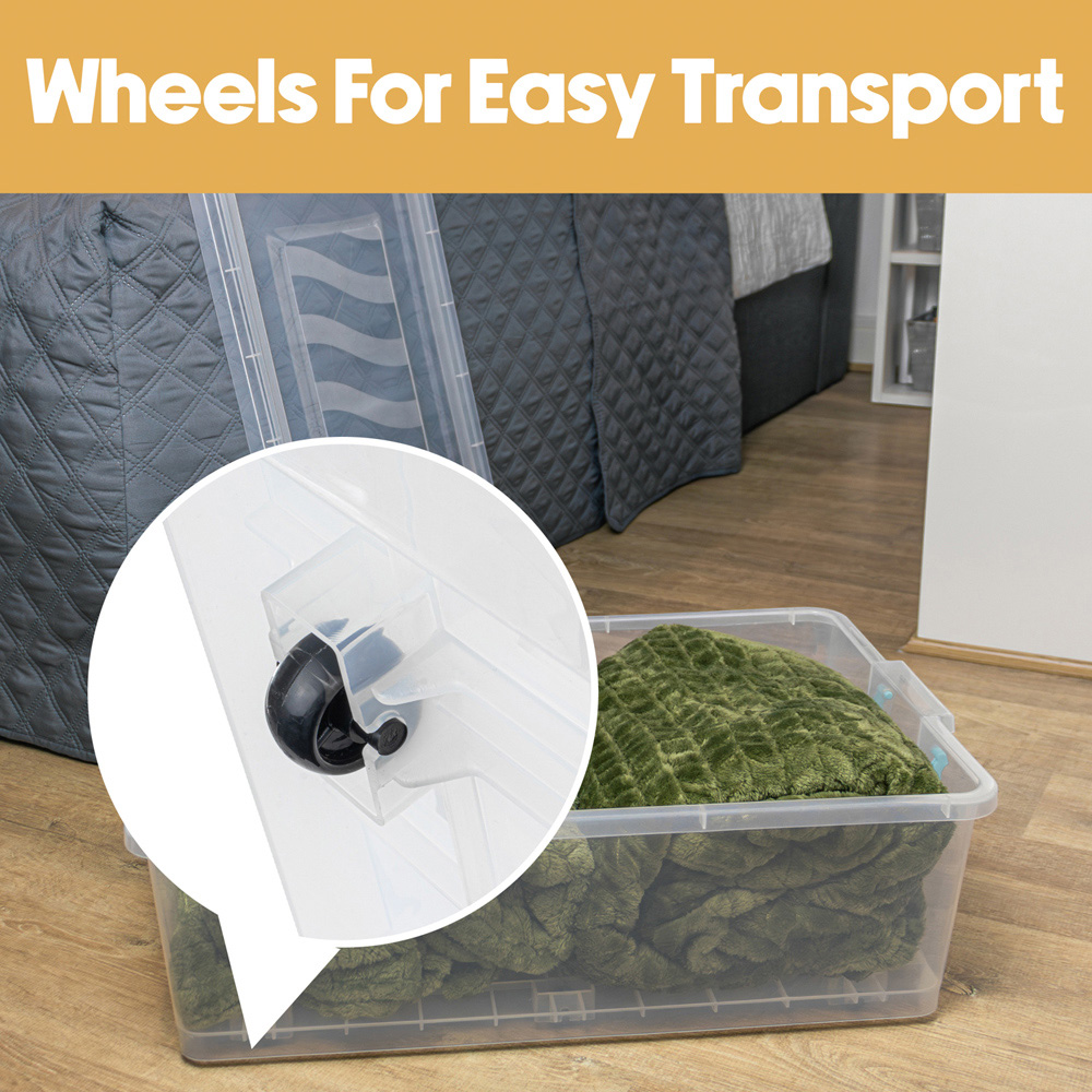 JVL 30L Clear Plastic Stackable and Nestable Underbed Storage Box with Wheels and Clip Lid 4 Pack Image 5