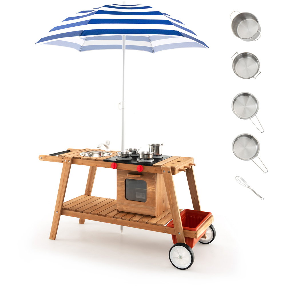 Costway Blue Kids Wooden Play Trolley with Umbrella Image 7