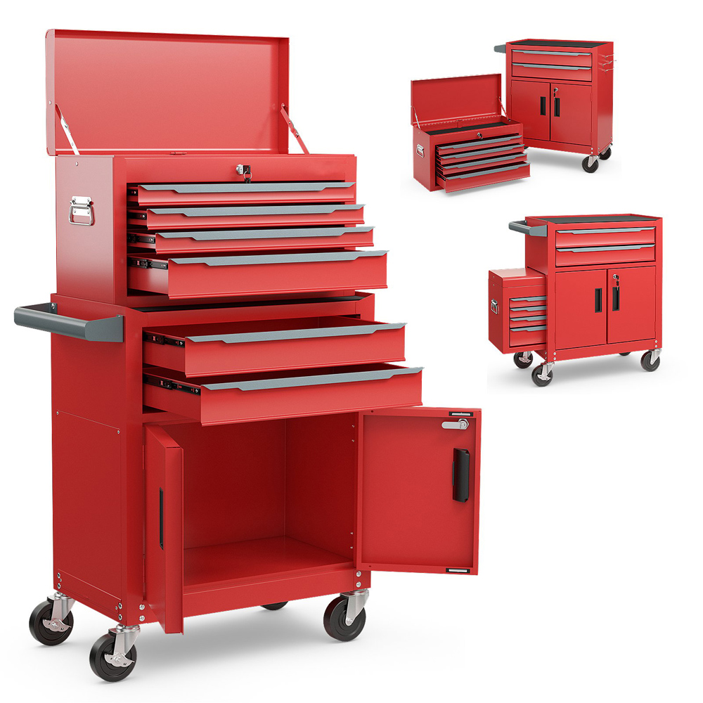 Costway 2 in 1 6 Drawer Red Rolling Tool Chest with Universal Wheels and Hooks Image 3
