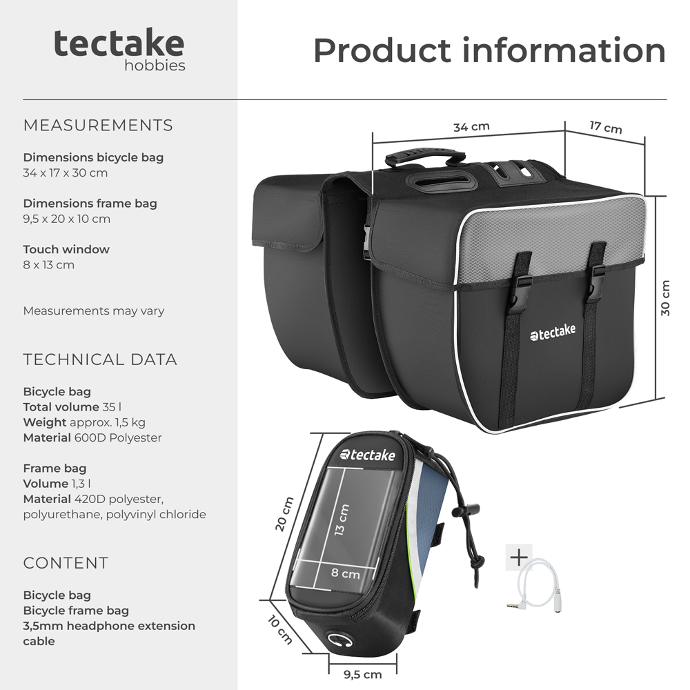 tectake Black and Green Water-Repellent Georg Frame Bicycle Bag Set 10 x 20 x 9.5cm Image 9