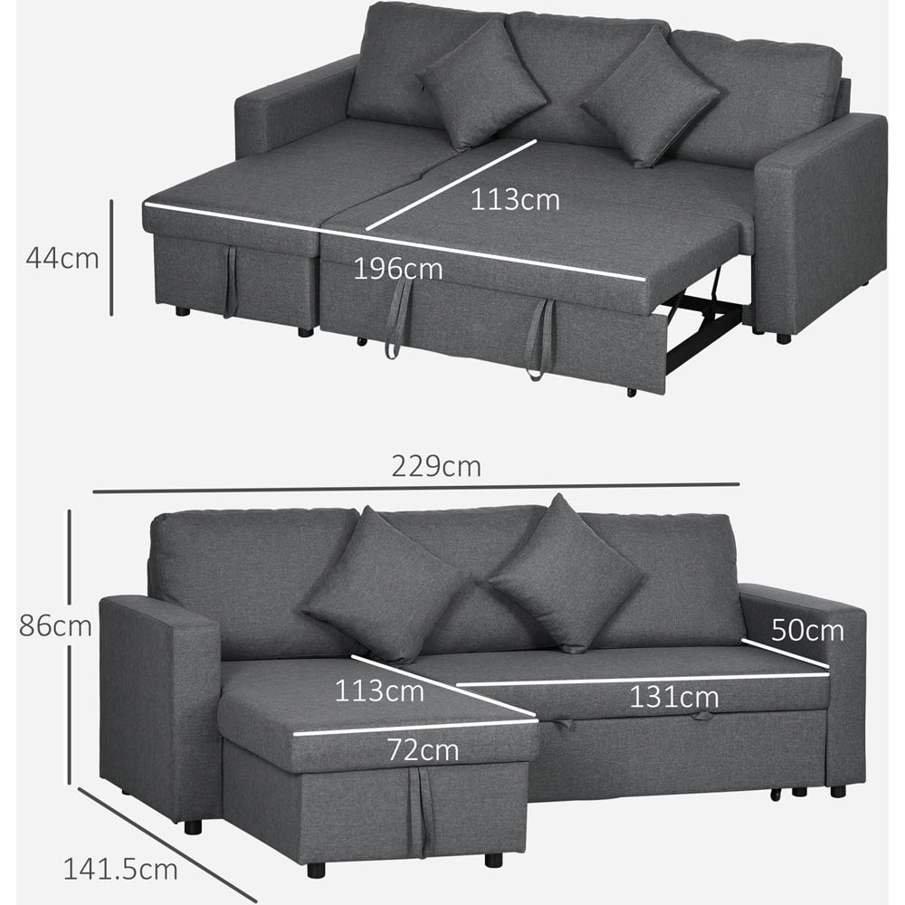 HOMCOM 3 Seater Dark Grey L Shaped Convertible Pull Out Corner Sofa Bed with Storage Image 7