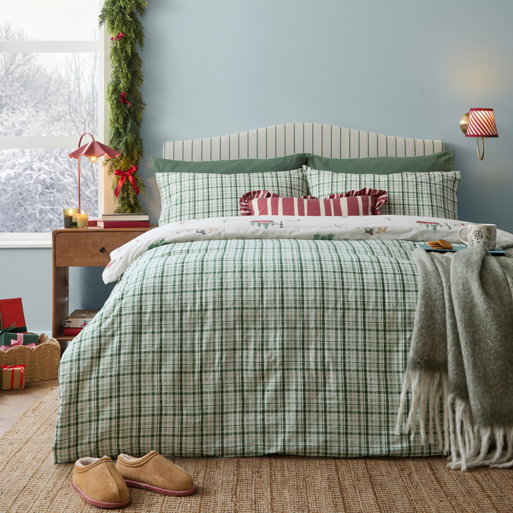 Wylder Christmas Tree Lane Super King Size Natural Sage Cotton Duvet Cover Set Image 2