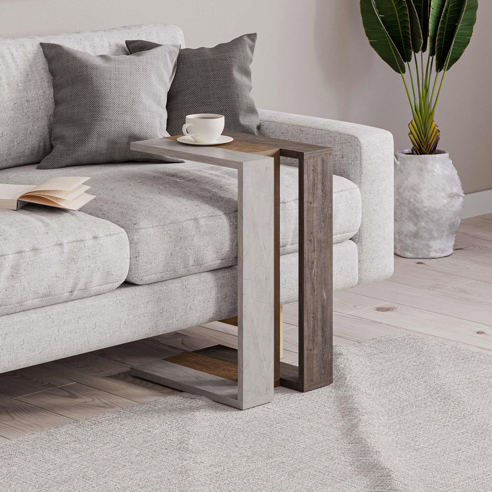 Decortie Muju Oak and Dark Coffee Gold Marble Effect C Shape Side Table Image 5