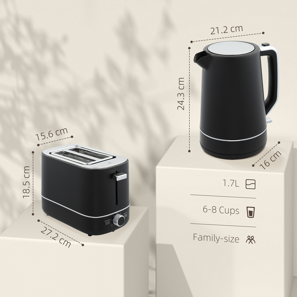 HOMCOM 800-232V70BK Black 1.7L Fast Boil Electric Kettle 3000W and 2 Slice Toaster Set Image 9