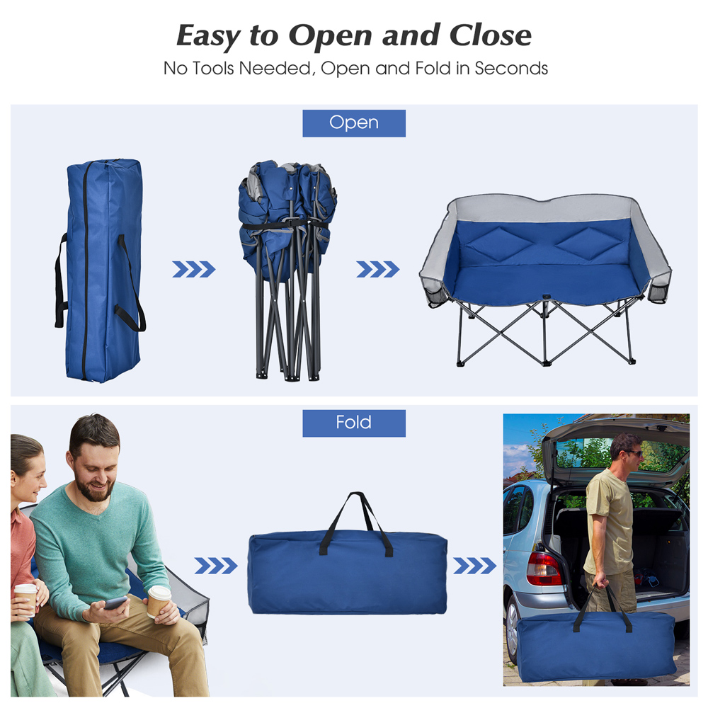 Costway 2 Seater Blue Folding Camping Chair with Padded Seat Image 8