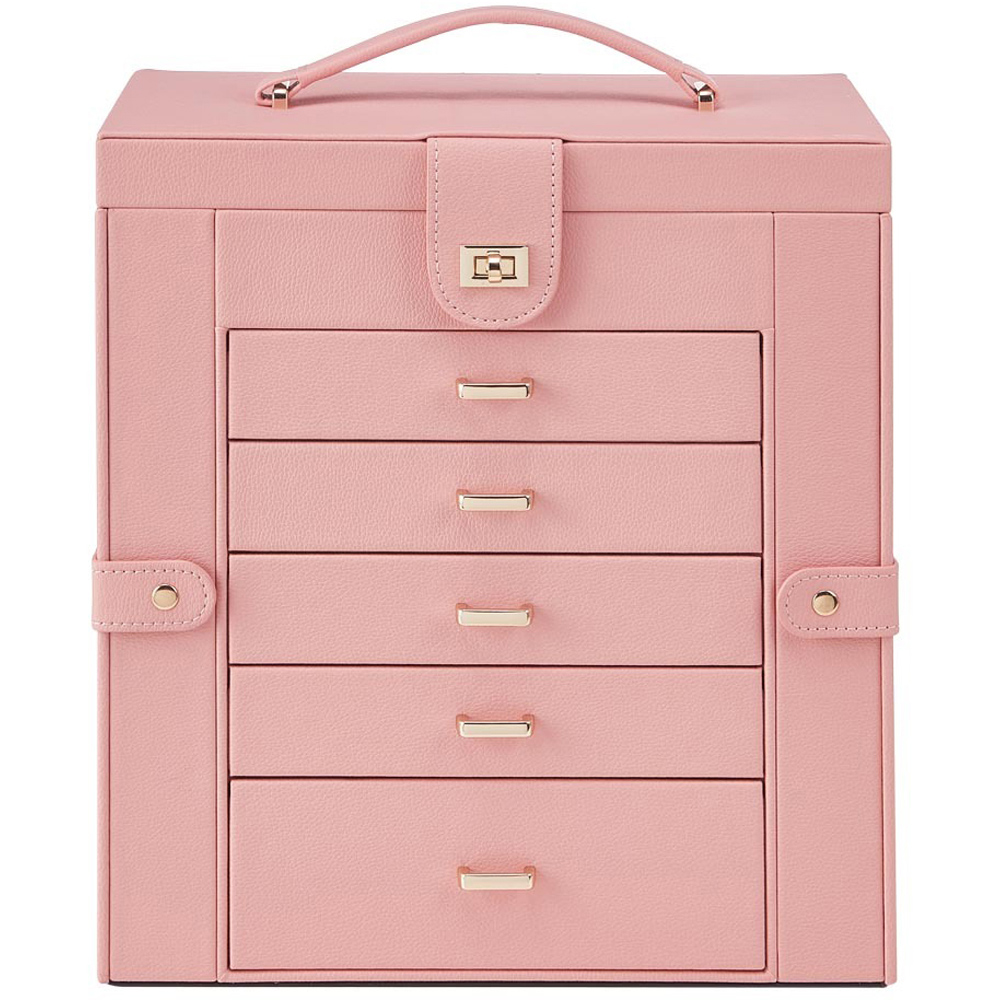 H&O Direct 5 Drawer Pink Jewellery Box with Mirror Image 1