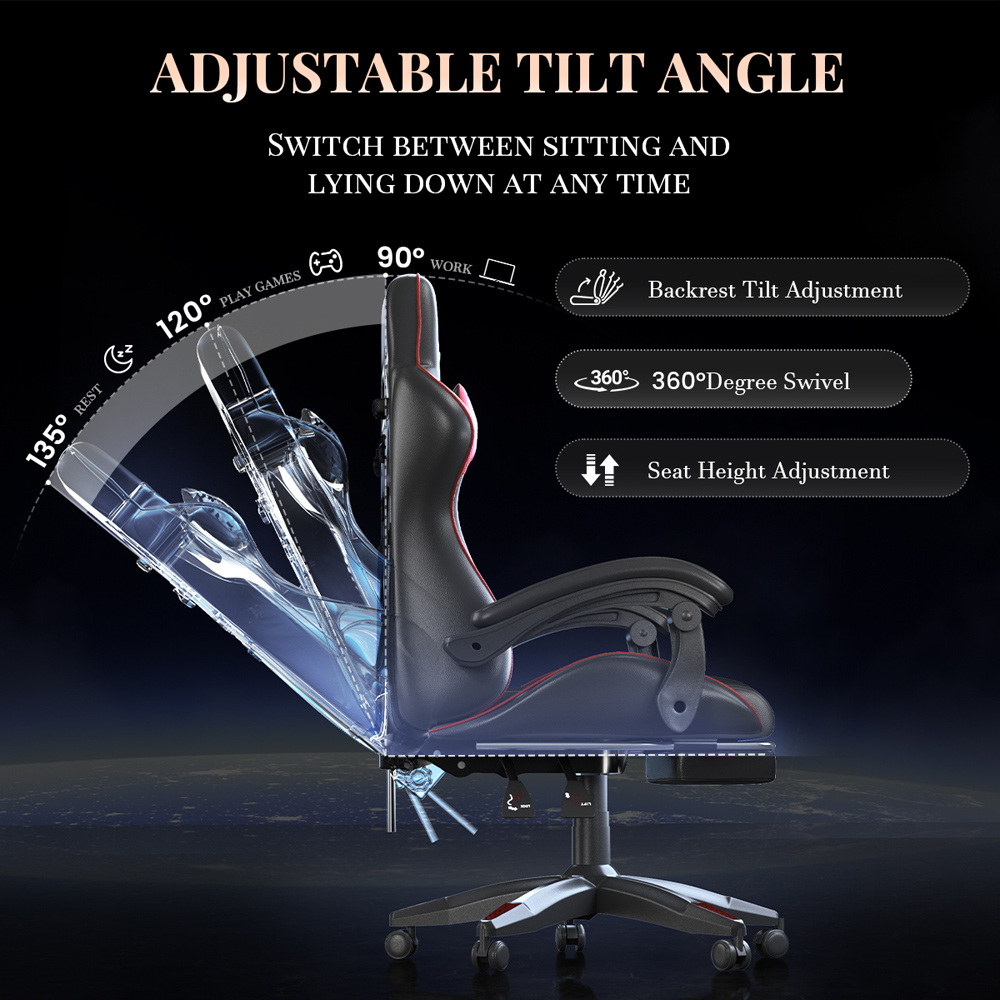 Rattrix Red Reclining Gaming Chair with Massage Lumbar Cushion and Footrest Image 6
