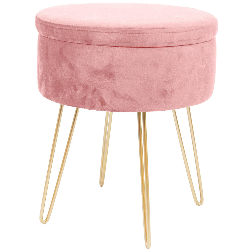 Harbour Housewares Pink and Gold Velvet Round Footstool with Storage Image 2