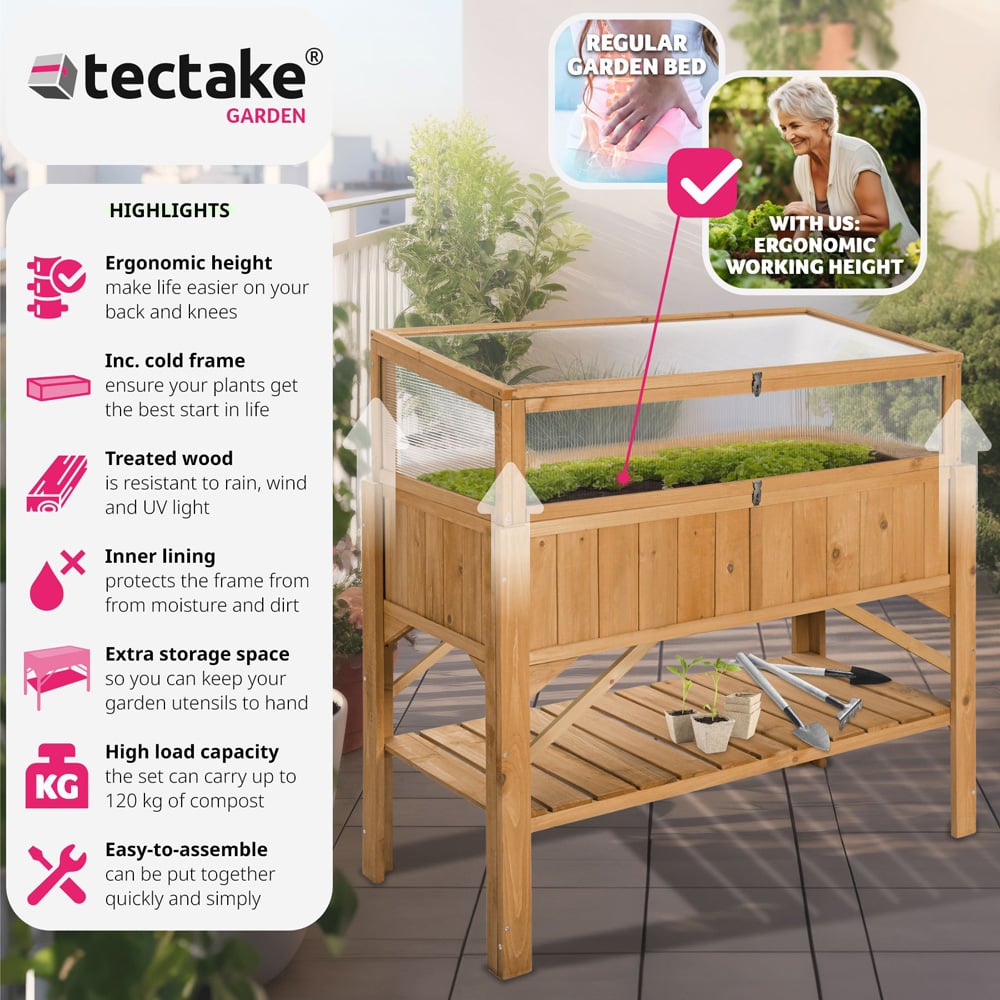 tectake 57 x 119cm Wooden Raised Garden Bed with Storage Shelf and Cold Frame Attachment Image 6