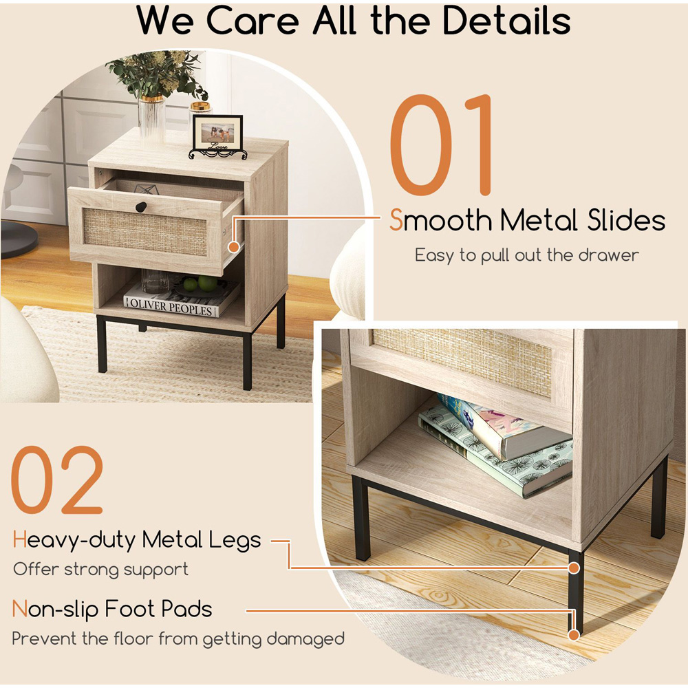 Costway Single Drawer Single Shelf Oak Bedside Table Set of 2 Image 3