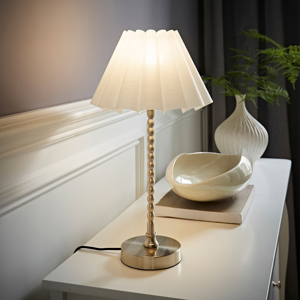 ValueLights Maeve White and Chrome Scallop Pleated Tapered Shade Bobbin Bobble Table Lamp and Bulb Image 2
