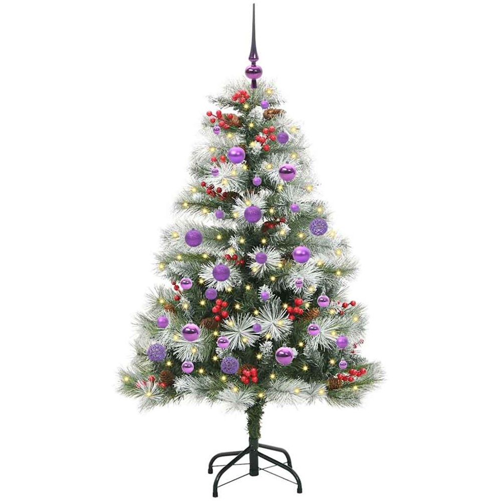 vidaXL Pre-Lit Lilac Baubles Green Artificial Snow Flocked Christmas Tree 5ft Image 1