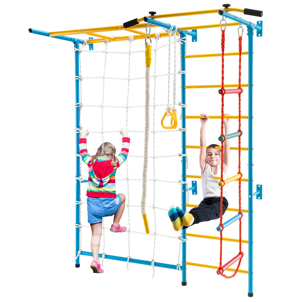 Costway Yellow Metal Kids Swedish Ladder Wall Bar with Gym Ring Image 3