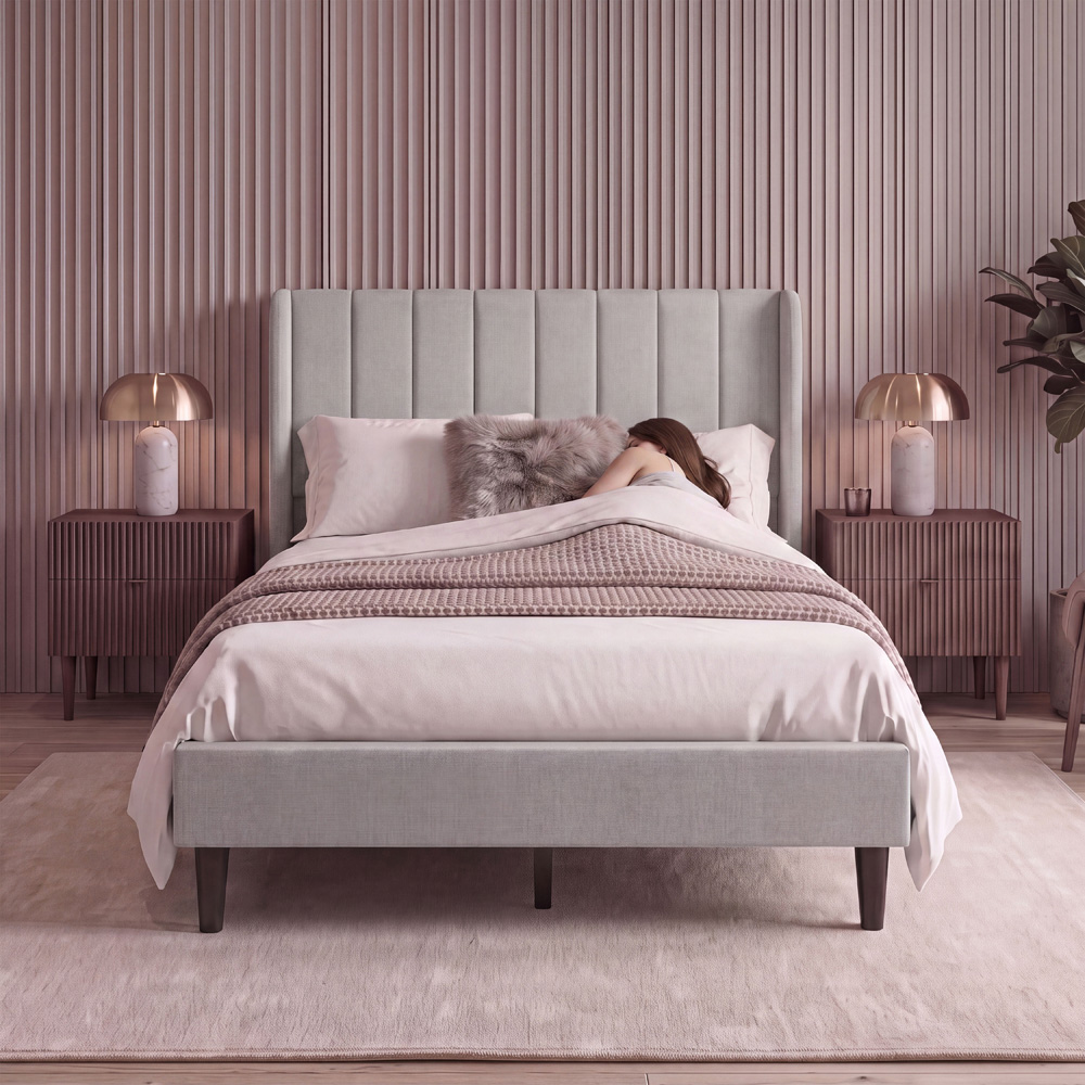 VIDA DESIGNS Vianna Double Beige Linen Fabric Bed with Memory Foam Bonnell Spring Mattress Image 3