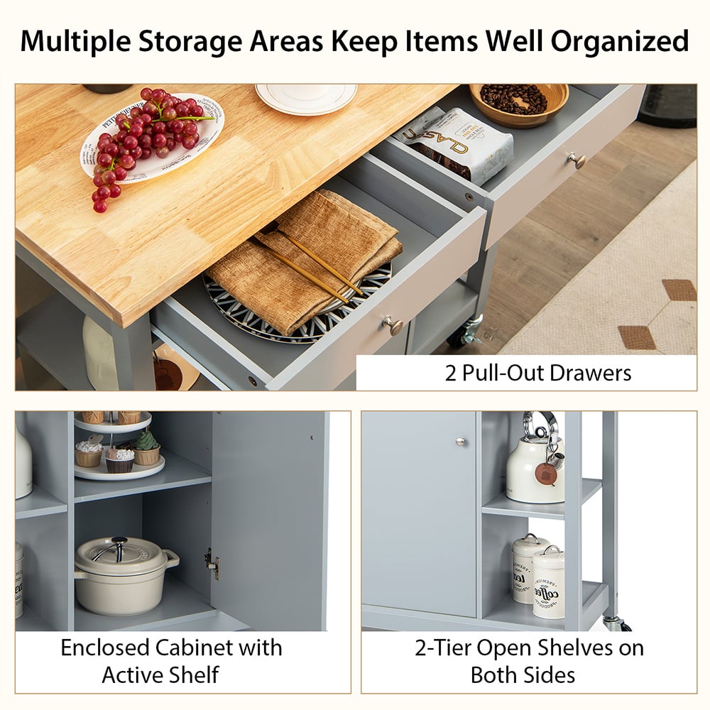 Costway Grey Rolling Kitchen Island Cart with Rubber Wood Top Image 6