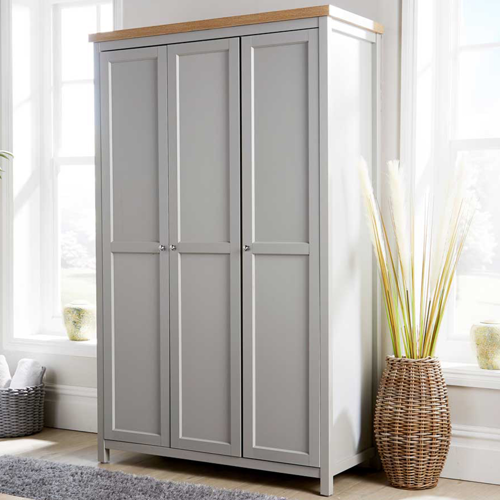 Home Source Avon 3 Door Light Grey with Oak Top Wardrobe Image 1