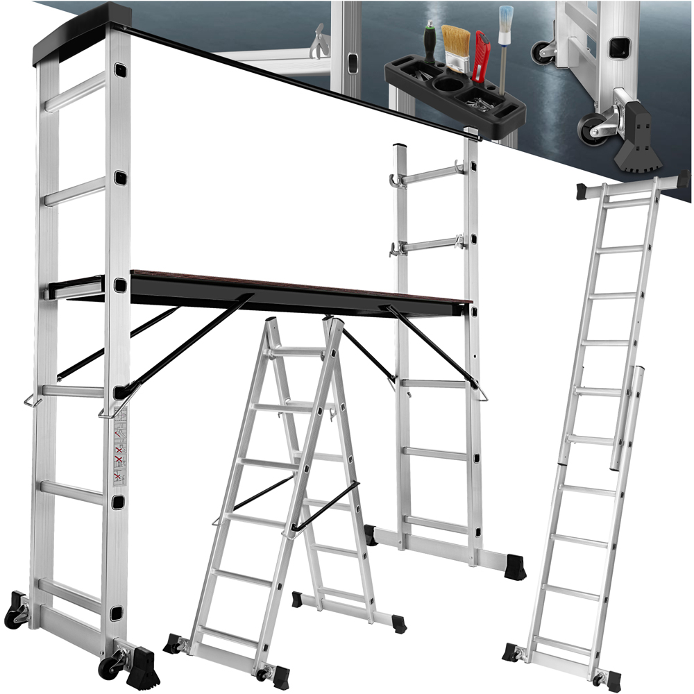 Tectake 3 in 1 Silver Aluminium Non Slip Ladder with 2 Practical Wheels Image 3
