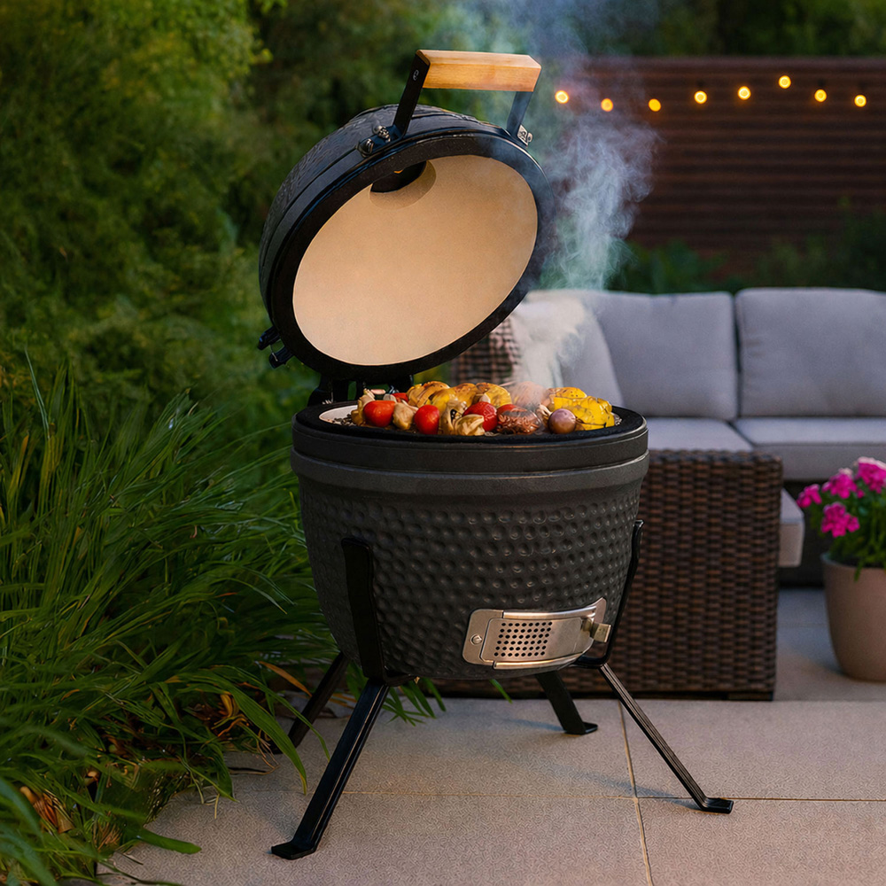 Neo Kamado Grey Portable Ceramic 13 inch Mini BBQ Grill Smoker with Stand Image 2