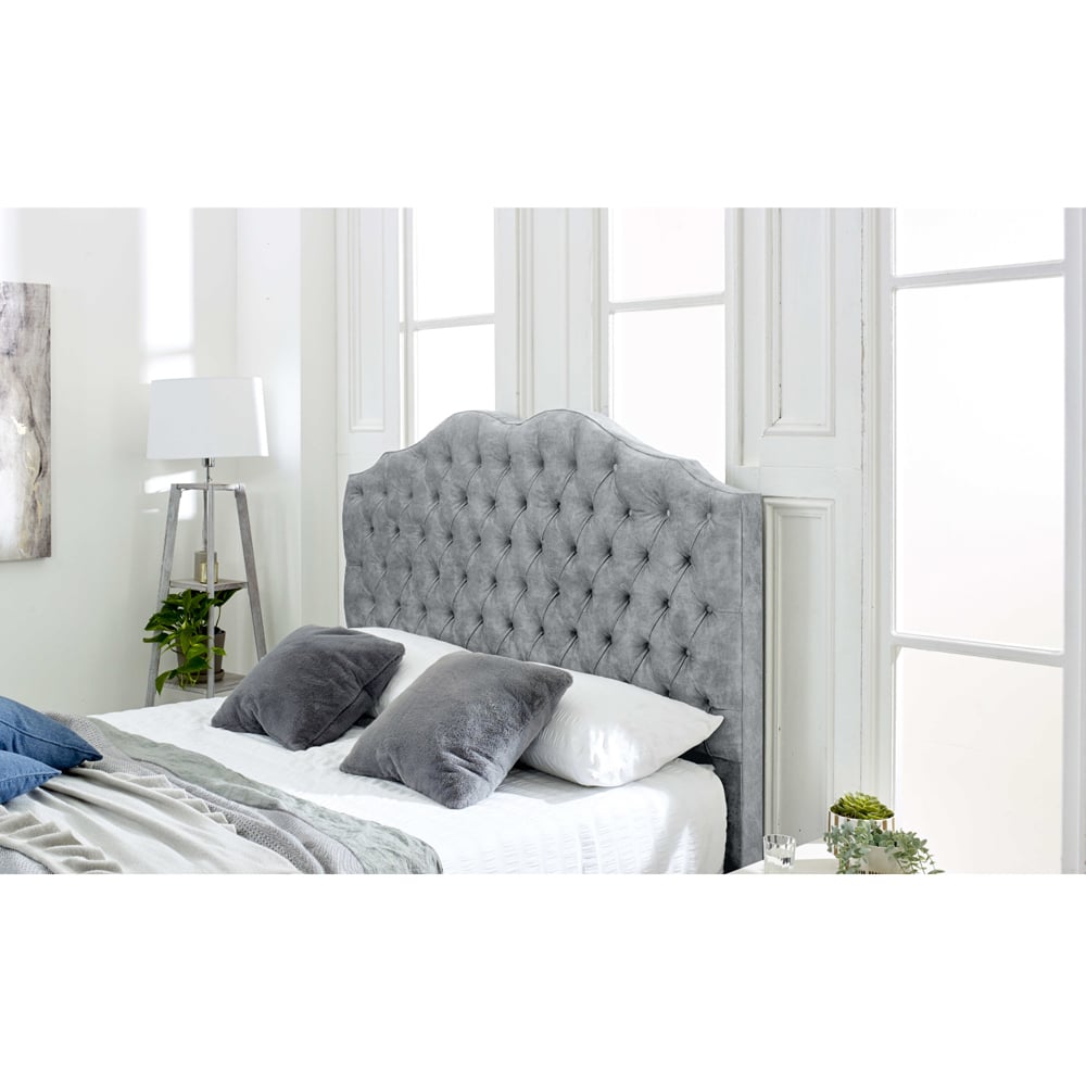 Eleganza Kenwood Small Double Silver Marble Fabric Bed with Waved Headboard Image 2