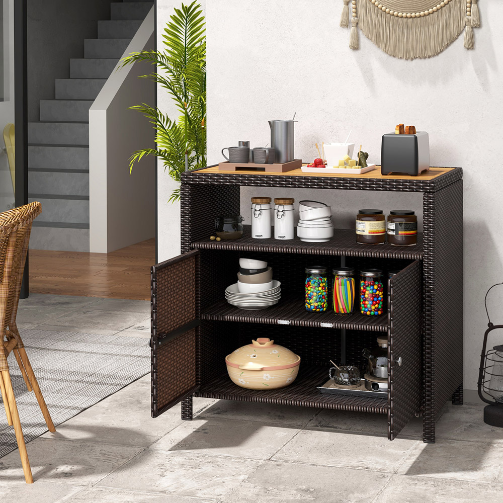 Costway 2 Door Single Shelf Brown Rattan Storage Cabinet Image 3