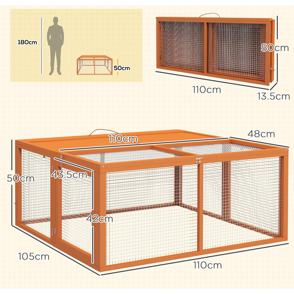 PawHut Orange Folding Wooden Rabbit Hutch with Openable Top Image 9