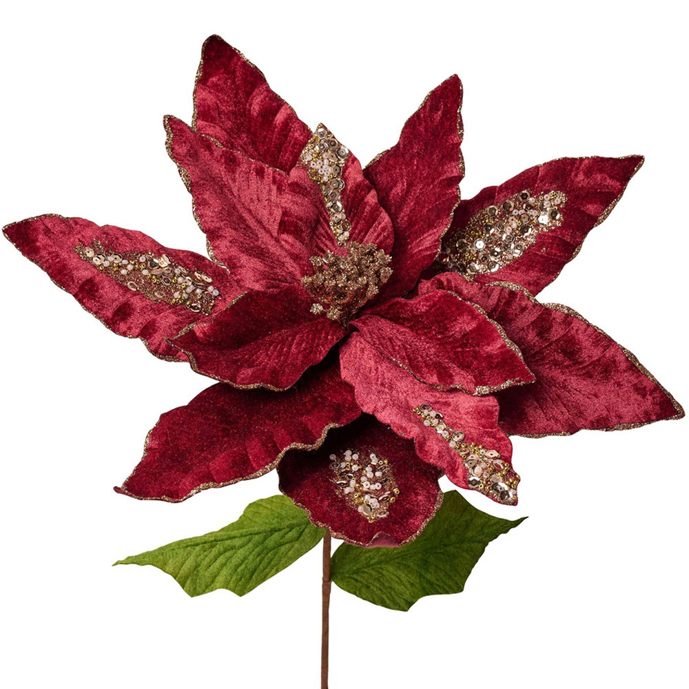 The Christmas Gift Co Red Velvet Poinsettia Stem Artificial Flower Image 2