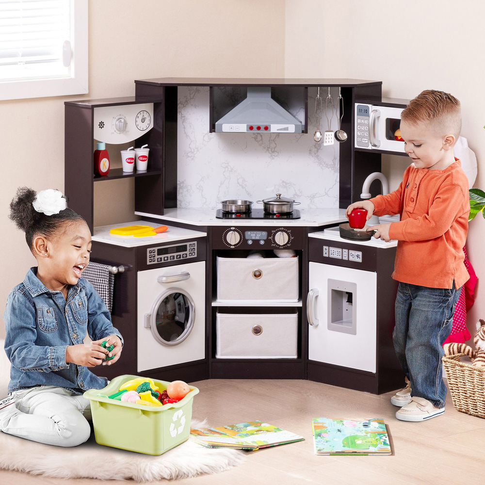 Costway Kids Coffee Wooden Corner Kitchen Play Set with Lights and Water Circulation System Image 2
