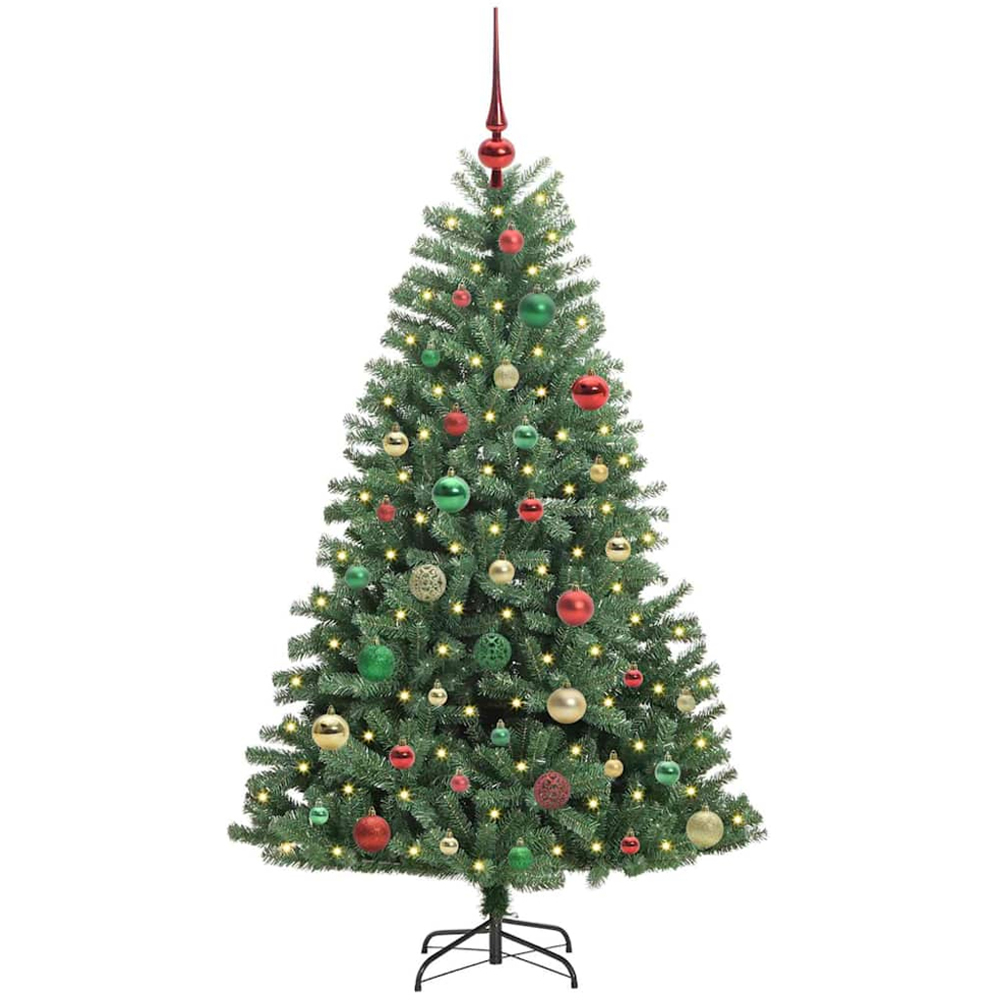 vidaXL Pre-Lit Multicolour Baubles Green Artificial Hinged Christmas Tree 5ft Image 1