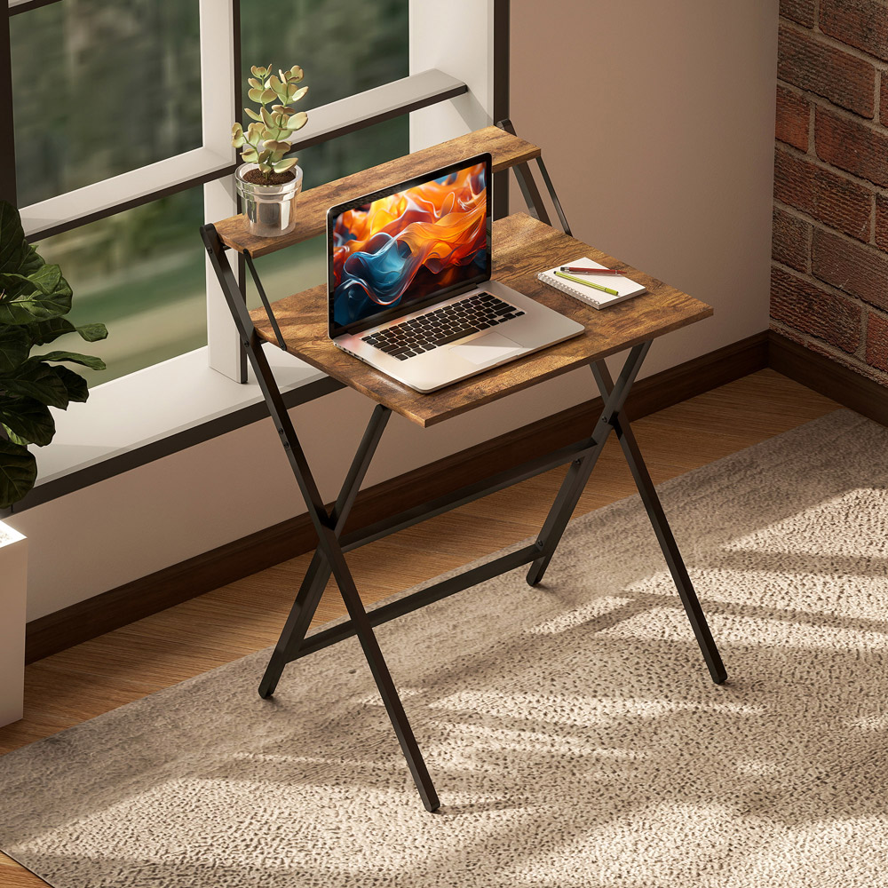 HOMCOM 2 Shelf Foldable Computer Desk Rustic Brown Image 8