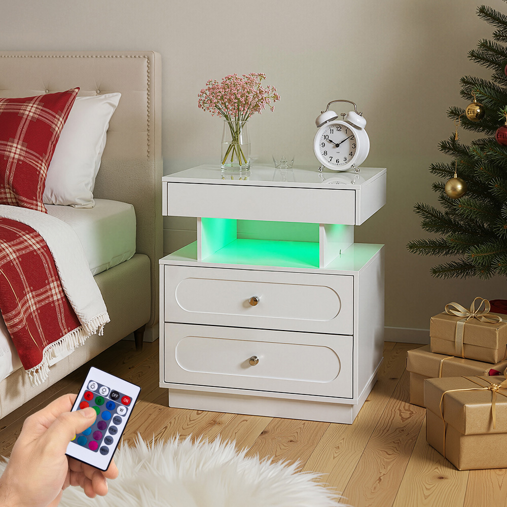 Living and Home 3 Drawer Single Shelf White Bedside Table with RGB LED Light Image 7