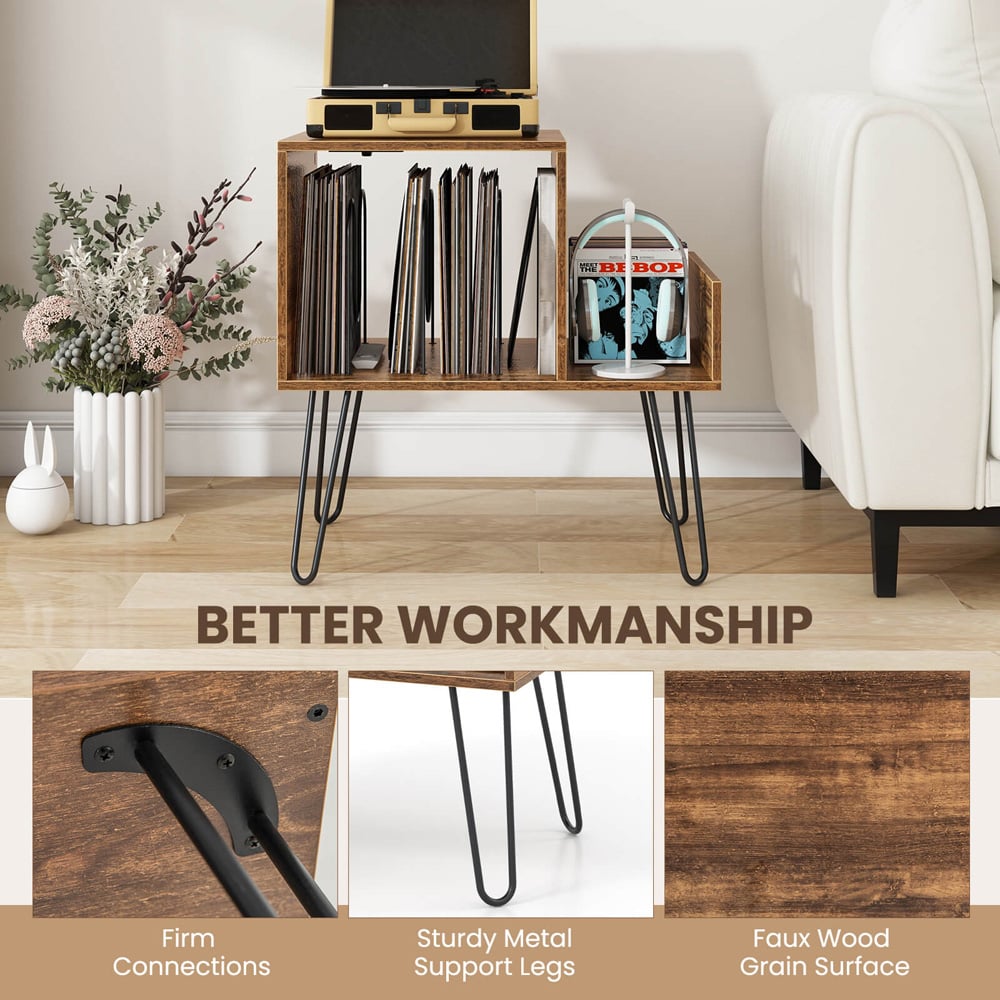 Costway Rustic Brown Record Player Stand with Power Outlet and Removable Dividers Image 7