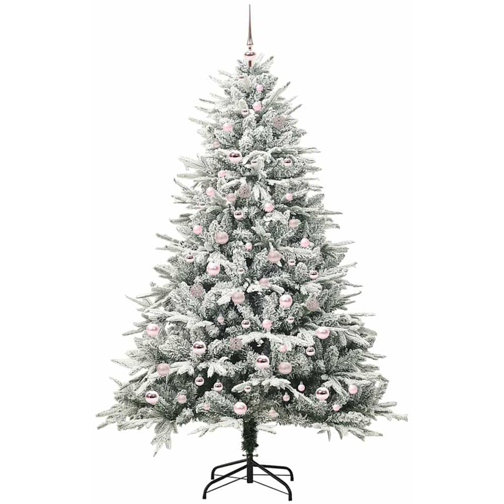 vidaXL 300 LED Pre-Lit Pink Baubles Green Artificial Snow Flocked Christmas Tree 7ft Image 4
