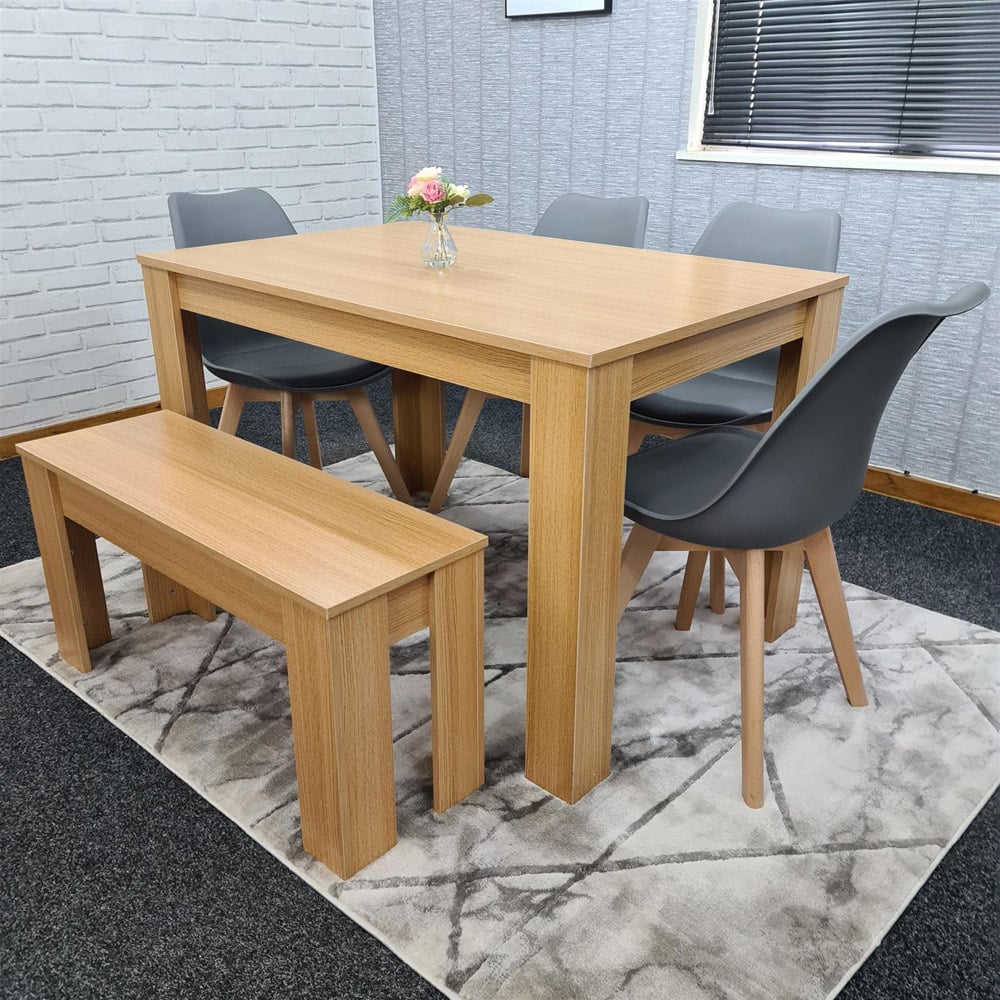 Portland 6 Seater Plastic and Leather Dining Bench Set Oak Effect and Grey Image 1