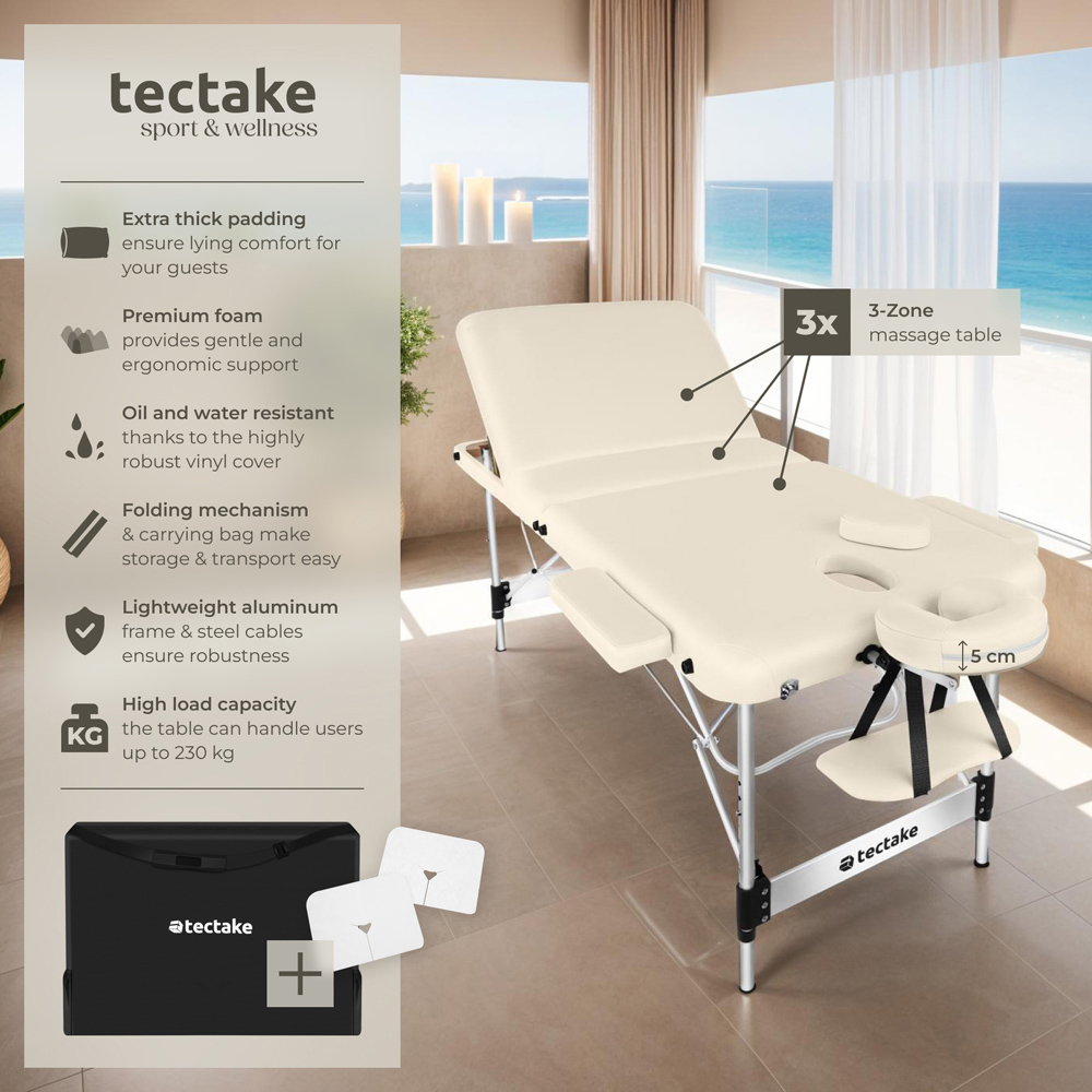 tectake Ko Tao Beige 3 Zone Aluminium Frame Foldable Massage Table with Carry Bag Image 7