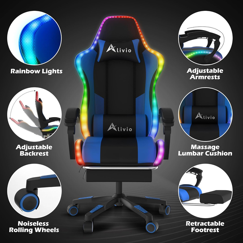 Alivio Blue PU Leather Wireless App Control LED Gaming Chair with Massage Lumbar Cushion Image 7