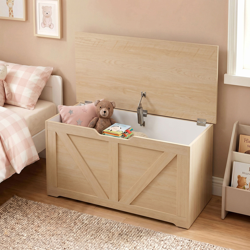 HOMCOM 100L Nature Wood Storage Trunk with Safety Hinge Image 3