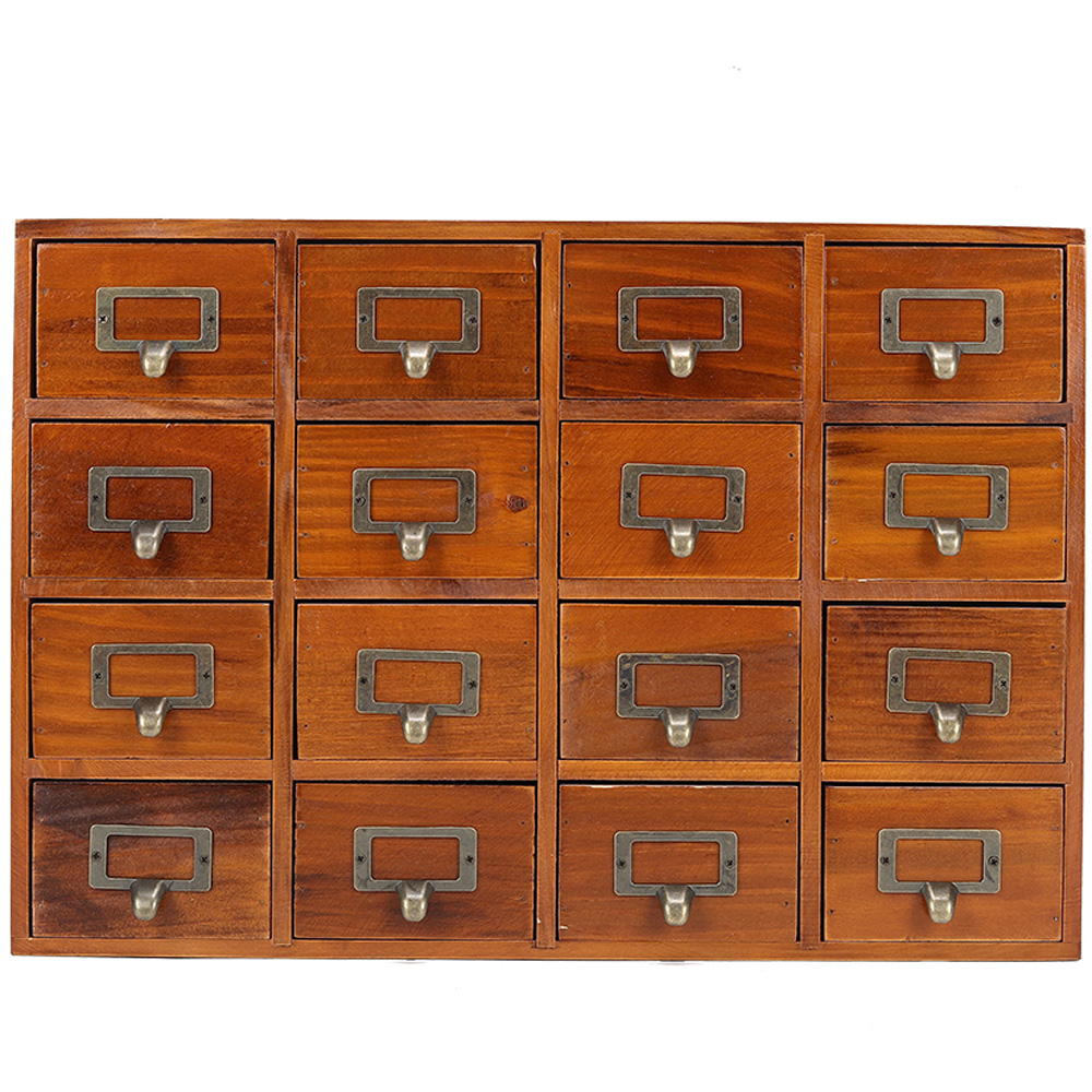 Living and Home 16 Drawer Vintage Wooden Drawer Organiser Box Image 1