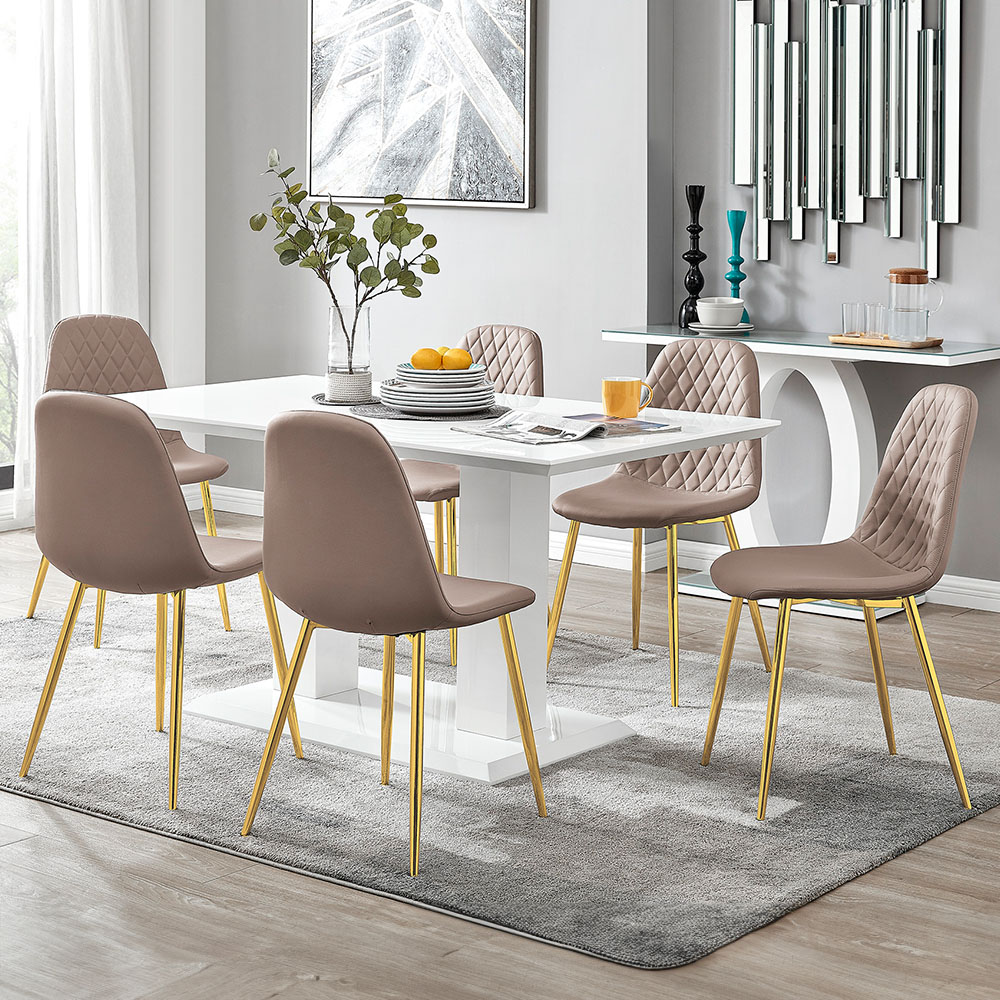 Furniturebox Molini Solara 6 Seater Dining Set White Gloss Cappuccino and Gold Image 1