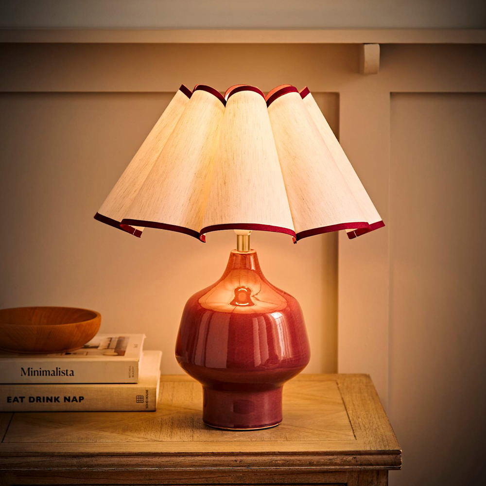 ValueLights Jamie Scallop Trim Shade Burgundy Glazed Ceramic Table Lamp with Bulb Image 2