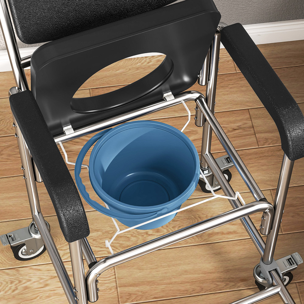 HOMCOM Black Transport Beside Shower Chair with Wheels and Padded Seat Image 4