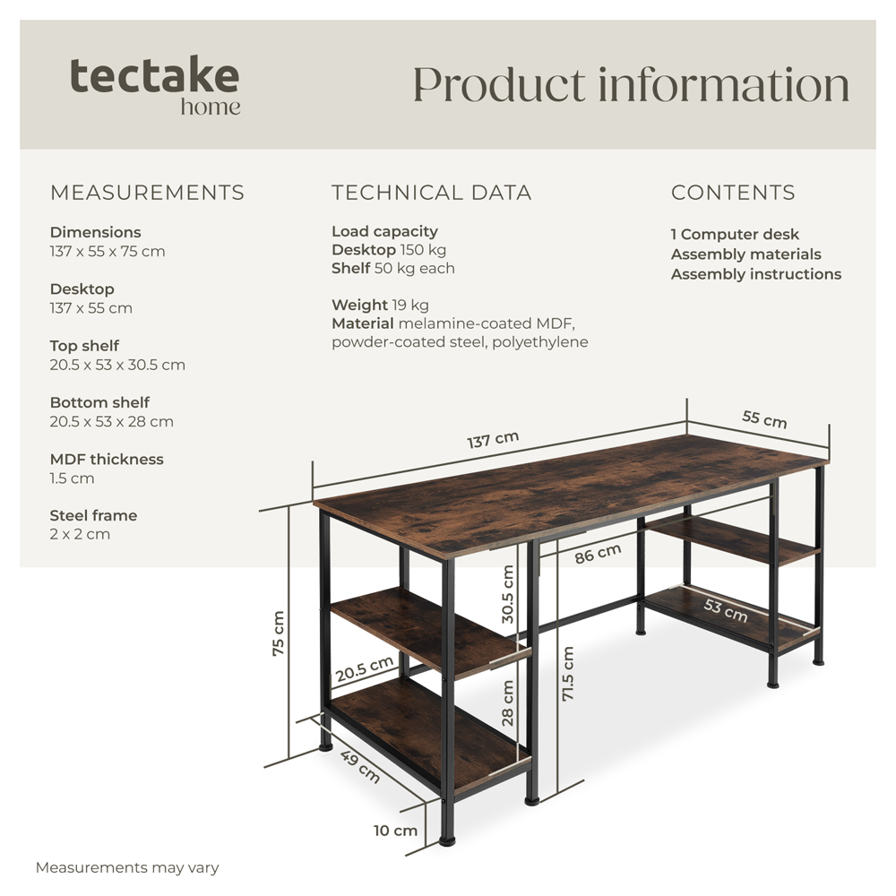 tectake 4 Shelf Industrial Dark Wood Desk Image 8