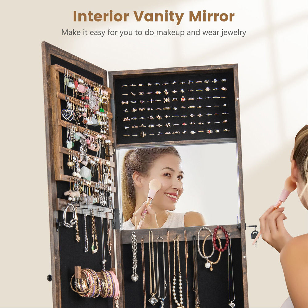 Costway Brown Mirrored Jewellery Armoire with Display Shelf Image 5
