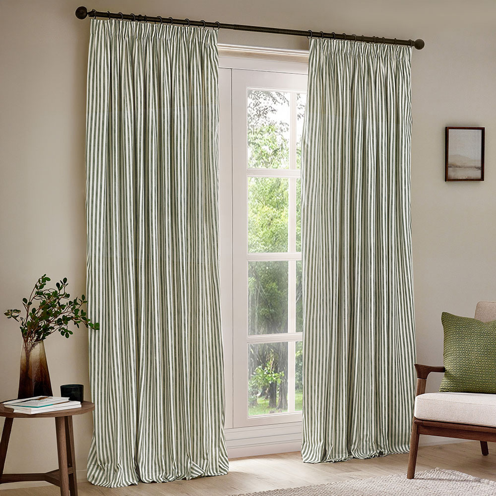 Yard Hebden Green Striped Cotton Pencil Pleat Curtains 117 x 183cm Image 1