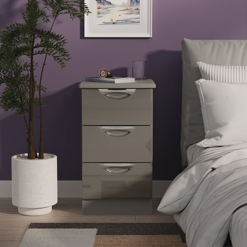 Crowndale Camden 3 Drawer Grey Gloss and Dusk Grey Bedside Cabinet Ready Assembled Image 7